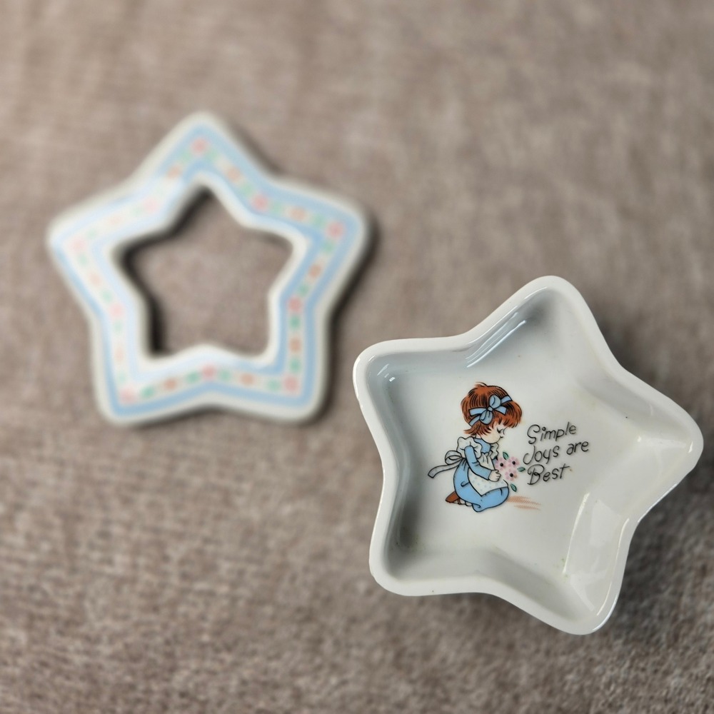 Vintage Star Shaped Ceramic‎ Trinket Dish Simple Joys are Best Girl Floral White
